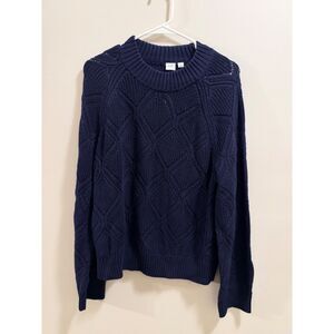 NEW GAP Women's Texture Knit Crewneck 100% Cotton Sweater Navy Blue Size L NWT